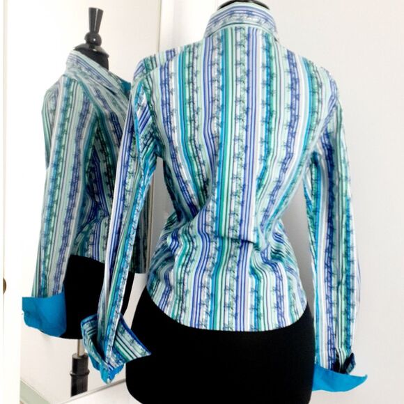 SOHO Jeans Blue Stripes Florals Cotton Blend LS Ladies ButtonUp Shirt Jr.SzL NWT - Picture 4 of 9